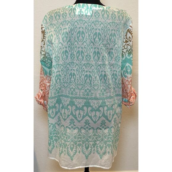 Chico’s Sheer Colorful Blouse Roll Tab Sleeves Beaded and Embroidered Size 2 (L) - Picture 4 of 6